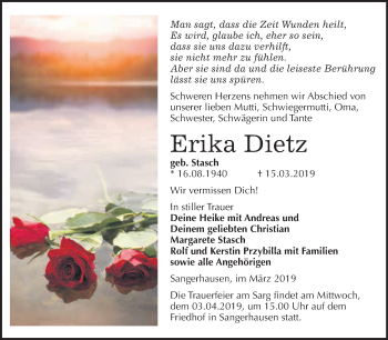 Traueranzeige von Erika Dietz von Super Sonntag SGH Mansf. Land