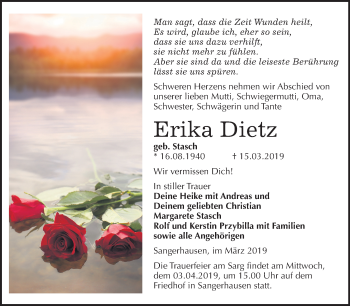Traueranzeige von Erika Dietz von Mitteldeutsche Zeitung Sangerhausen