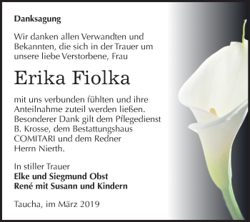 Traueranzeige von Erika Fiolka von Mitteldeutsche Zeitung Weißenfels