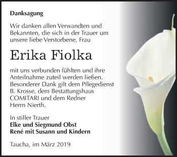 Traueranzeige von Erika Fiolka von WVG - Wochenspiegel NMB / WSF / ZTZ