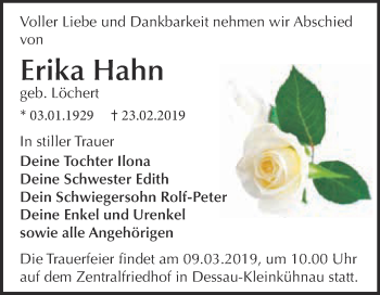 Traueranzeige von Erika Hahn von WVG - Wochenspiegel Dessau / Köthen