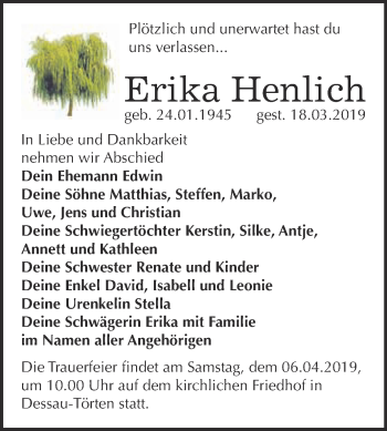 Traueranzeige von Erika Henlich von WVG - Wochenspiegel Bitterfeld