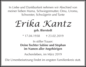 Traueranzeige von Erika Kantz von Super Sonntag Aschersleben