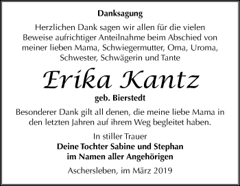 Traueranzeige von Erika Kantz von Mitteldeutsche Zeitung Aschersleben