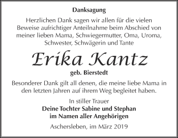 Traueranzeige von Erika Kantz von Super Sonntag Aschersleben