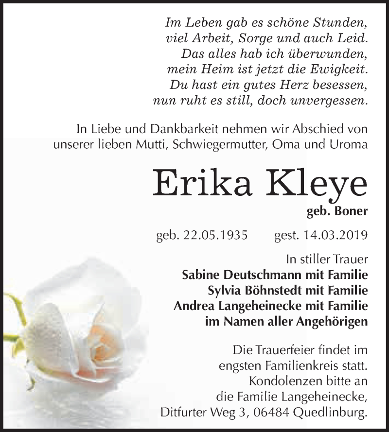  Traueranzeige für Erika Kleye vom 23.03.2019 aus WVG - Wochenspiegel Quedlinburg