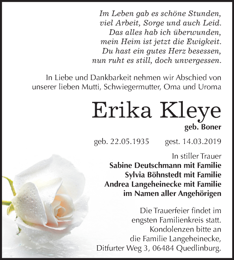  Traueranzeige für Erika Kleye vom 23.03.2019 aus Mitteldeutsche Zeitung