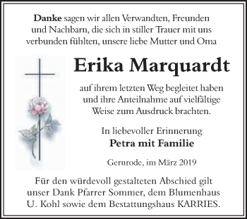 Traueranzeige von Erika Marquardt von WVG - Wochenspiegel Quedlinburg