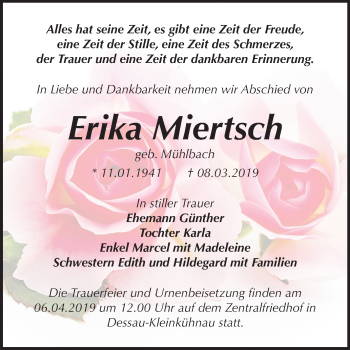 Traueranzeige von Erika Miertsch von Mitteldeutsche Zeitung Dessau-Roßlau
