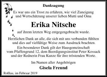 Traueranzeige von Erika Nitsche von WVG - Wochenspiegel Dessau / Köthen