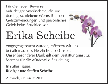 Traueranzeige von Erika Scheibe von WVG - Wochenspiegel NMB / WSF / ZTZ