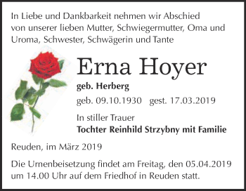 Traueranzeige von Erna Hoyer von WVG - Wochenspiegel Bitterfeld