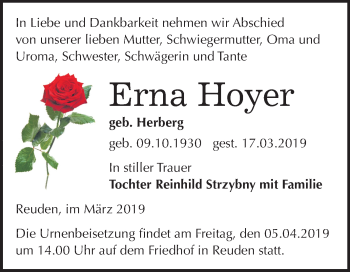 Traueranzeige von Erna Hoyer von Mitteldeutsche Zeitung Bitterfeld