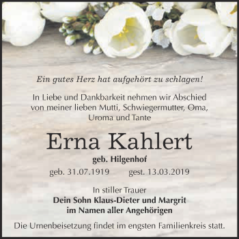 Traueranzeige von Erna Kahlert von WVG - Wochenspiegel Wittenberg