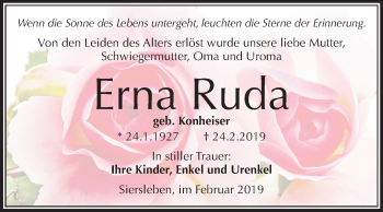 Traueranzeige von Erna Ruda von Mitteldeutsche Zeitung Mansfelder Land