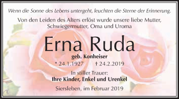 Traueranzeige von Erna Ruda von Wochenspiegel Mansfelder Land