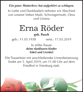 Traueranzeige von Erna Röder von Mitteldeutsche Zeitung Bernburg