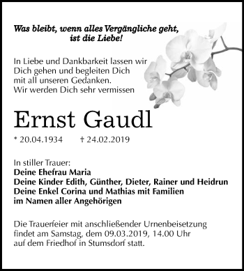 Traueranzeige von Ernst Gaudl von WVG - Wochenspiegel Bitterfeld