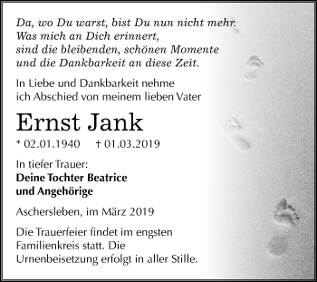 Traueranzeige von Ernst Jank von Mitteldeutsche Zeitung Aschersleben