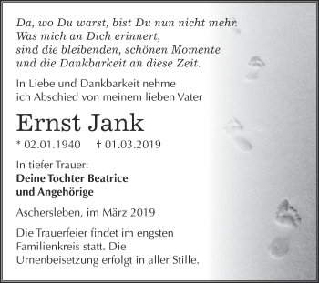 Traueranzeige von Ernst Jank von Super Sonntag Aschersleben