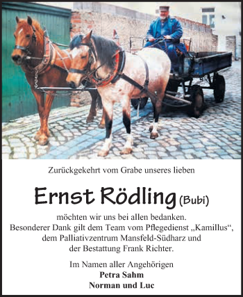 Traueranzeige von Ernst Rödling von Super Sonntag SGH Mansf. Land