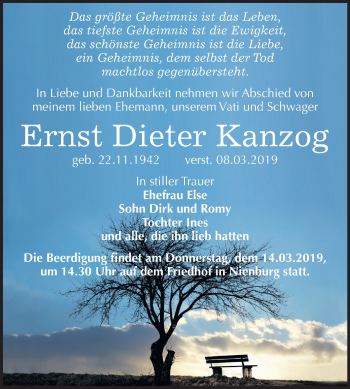 Traueranzeige von Ernst Dieter Kanzog von Mitteldeutsche Zeitung Bernburg