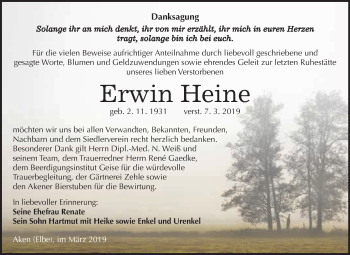 Traueranzeige von Erwin Heine von WVG - Wochenspiegel Dessau / Köthen
