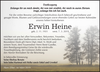 Traueranzeige von Erwin Heine von Mitteldeutsche Zeitung Köthen