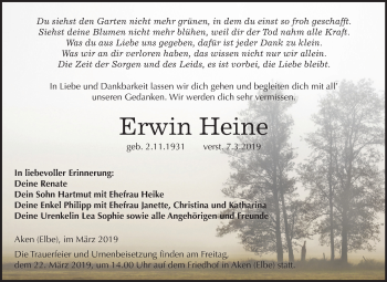 Traueranzeige von Erwin Heine von Mitteldeutsche Zeitung Köthen