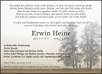 Traueranzeige von Erwin Heine von WVG - Wochenspiegel Dessau / Köthen
