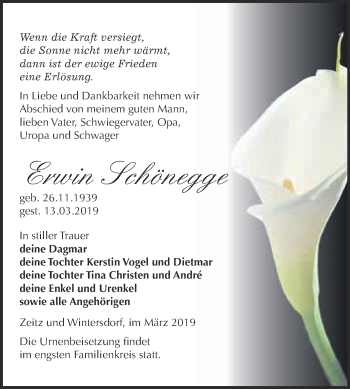 Traueranzeige von Erwin Schönegge von WVG - Wochenspiegel NMB / WSF / ZTZ