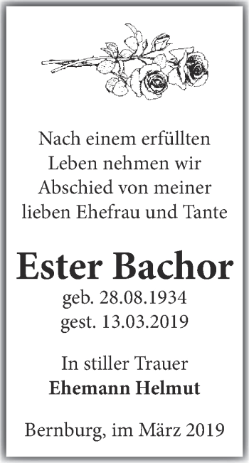Traueranzeige von Ester Bachor von Super Sonntag Bernburg