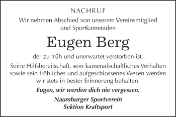 Traueranzeige von Eugen Berg von WVG - Wochenspiegel NMB / WSF / ZTZ