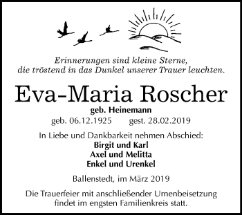Traueranzeige von Eva-Maria Roscher von Mitteldeutsche Zeitung Quedlinburg