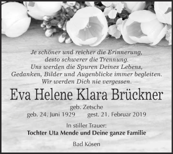 Traueranzeige von Eva Helene Klara Brückner von WVG - Wochenspiegel NMB / WSF / ZTZ