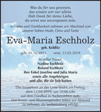 Traueranzeige von Eva Maria Eschholz von Mitteldeutsche Zeitung Aschersleben