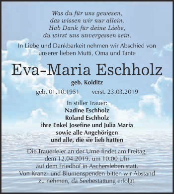 Traueranzeige von Eva Maria Eschholz von Super Sonntag Aschersleben