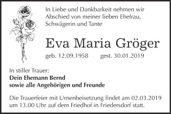 Traueranzeige von Eva Maria Gröger von WVG - Wochenspiegel Bitterfeld