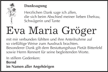 Traueranzeige von Eva Maria Gröger von WVG - Wochenspiegel Bitterfeld