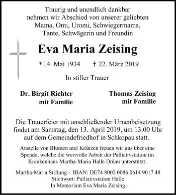 Traueranzeige von Eva Maria Zeising von Mitteldeutsche Zeitung