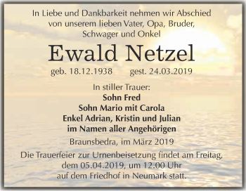 Traueranzeige von Ewald Netzel von WVG - Wochenspiegel Merseburg