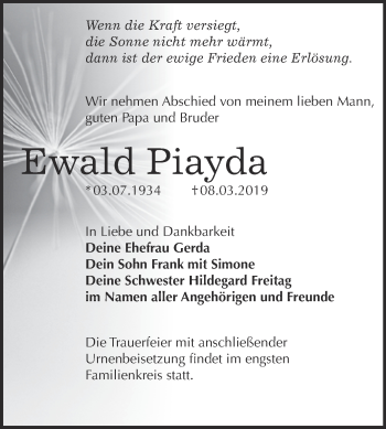 Traueranzeige von Ewald Piayda von WVG - Wochenspiegel NMB / WSF / ZTZ