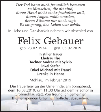 Traueranzeige von Felix Gebauer von WVG - Wochenspiegel Wittenberg