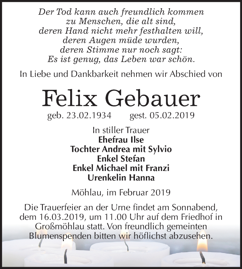  Traueranzeige für Felix Gebauer vom 02.03.2019 aus Mitteldeutsche Zeitung