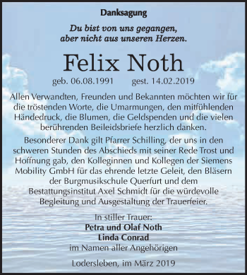 Traueranzeige von Felix Noth von Super Sonntag SGH Mansf. Land