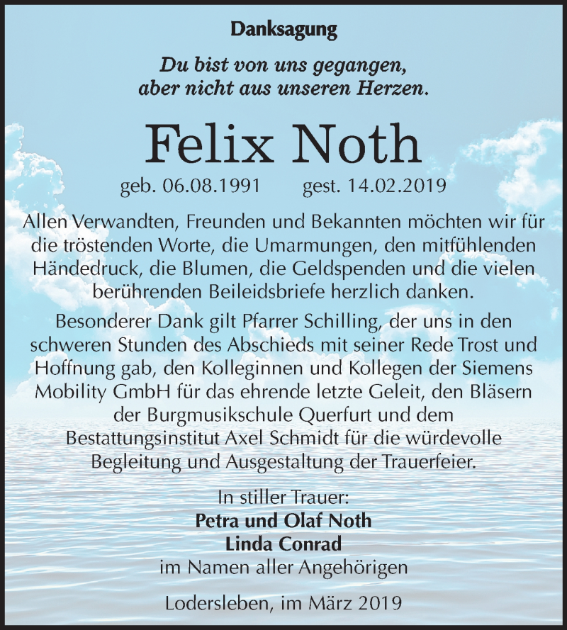  Traueranzeige für Felix Noth vom 05.03.2019 aus Mitteldeutsche Zeitung Sangerhausen