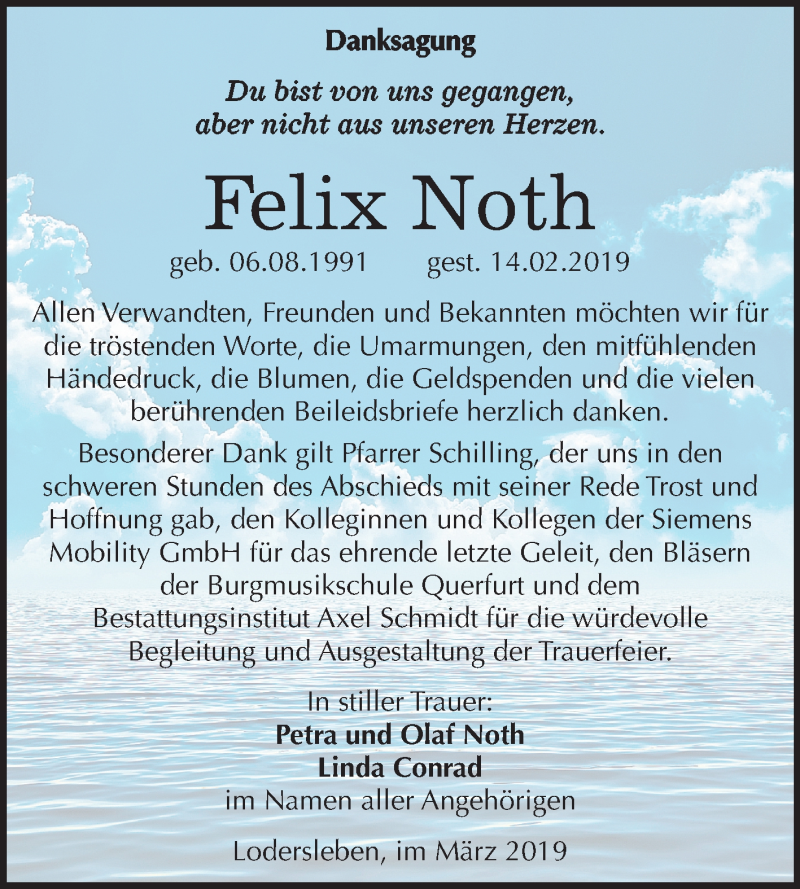  Traueranzeige für Felix Noth vom 05.03.2019 aus Mitteldeutsche Zeitung Merseburg/Querfurt