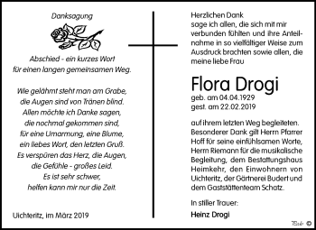 Traueranzeige von Flora Drogi von Mitteldeutsche Zeitung Weißenfels