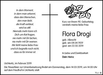 Traueranzeige von Flora Drogi von WVG - Wochenspiegel NMB / WSF / ZTZ