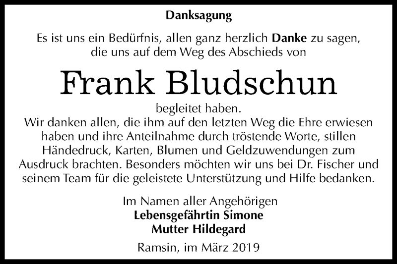  Traueranzeige für Frank Bludschun vom 30.03.2019 aus Mitteldeutsche Zeitung